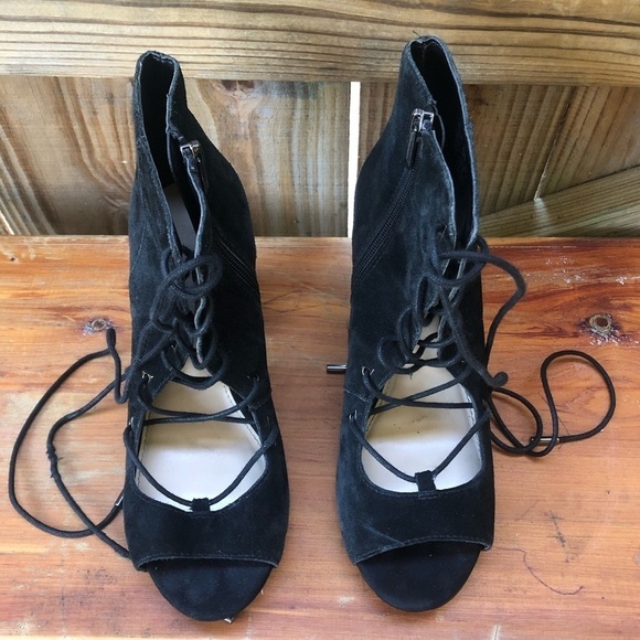 Fergie Black Suede Riviera Open Toe Lace-Up Stacked Heel Booties - Picture 3 of 10